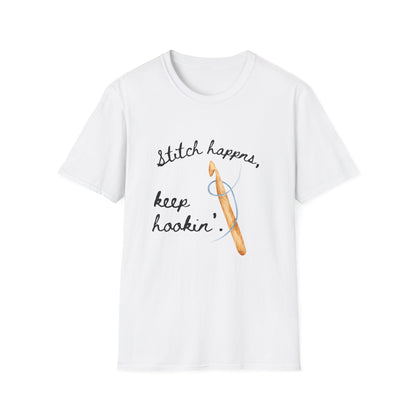 Crochet Tee — “Stitch Happens, Keep Hookin’” Crochet Lover T‑Shirt