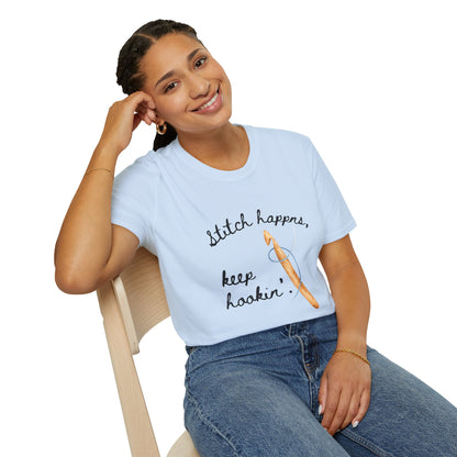 Crochet Tee — “Stitch Happens, Keep Hookin’” Crochet Lover T‑Shirt