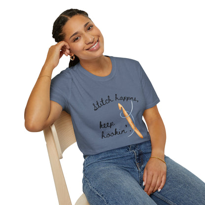 Crochet Tee — “Stitch Happens, Keep Hookin’” Crochet Lover T‑Shirt